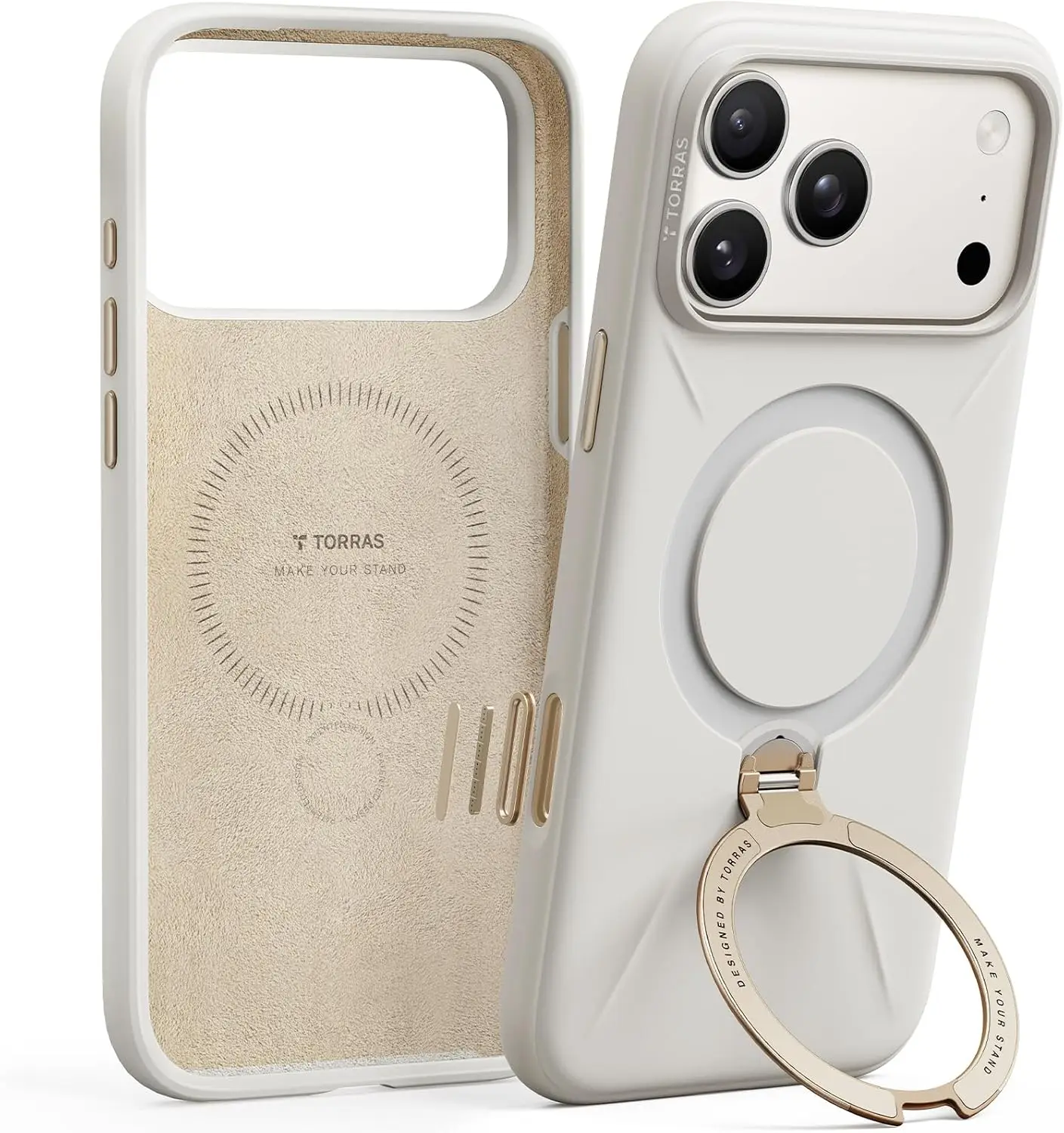 

360 Spin Magnetic Stand Case for iPhone 17 Pro with Camera Control, Soft Silicone Cover in Light Ivory