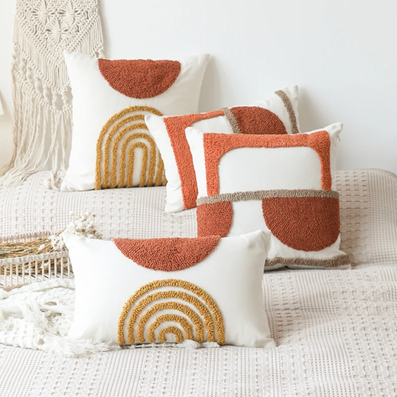 Half Circle Cushion cover 45x45cm/30x50cm Burnt Orange Pillow Cover Gematric Tufted for Living Room Sofa Couch Bedroom Bed Chair