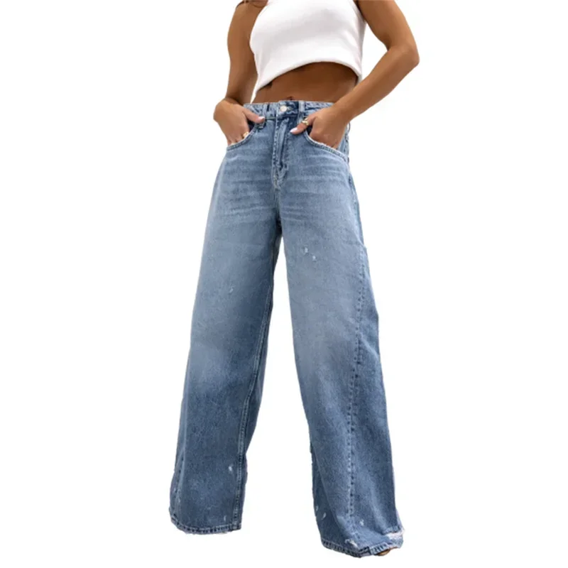 

Vintage Casual Broken Holes Straight Jeans Women Loose Wide Leg Pants Female Casual Middle Waist Denim Trousers Trend Streetwear