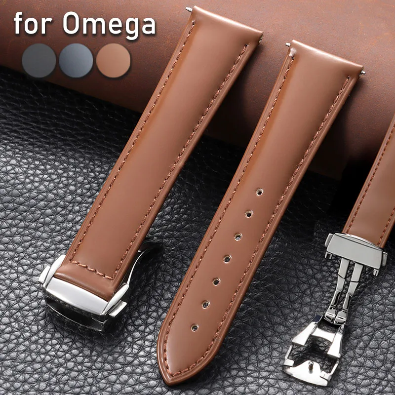 

Ремешок из натуральной кожи для часов Omega Seamaster, ремешок из воловьей кожи, 19 мм, 20 мм, 21 мм, 22 мм, универсальный браслет из телячьей кожи, ремешок с раскладывающейся застежкой