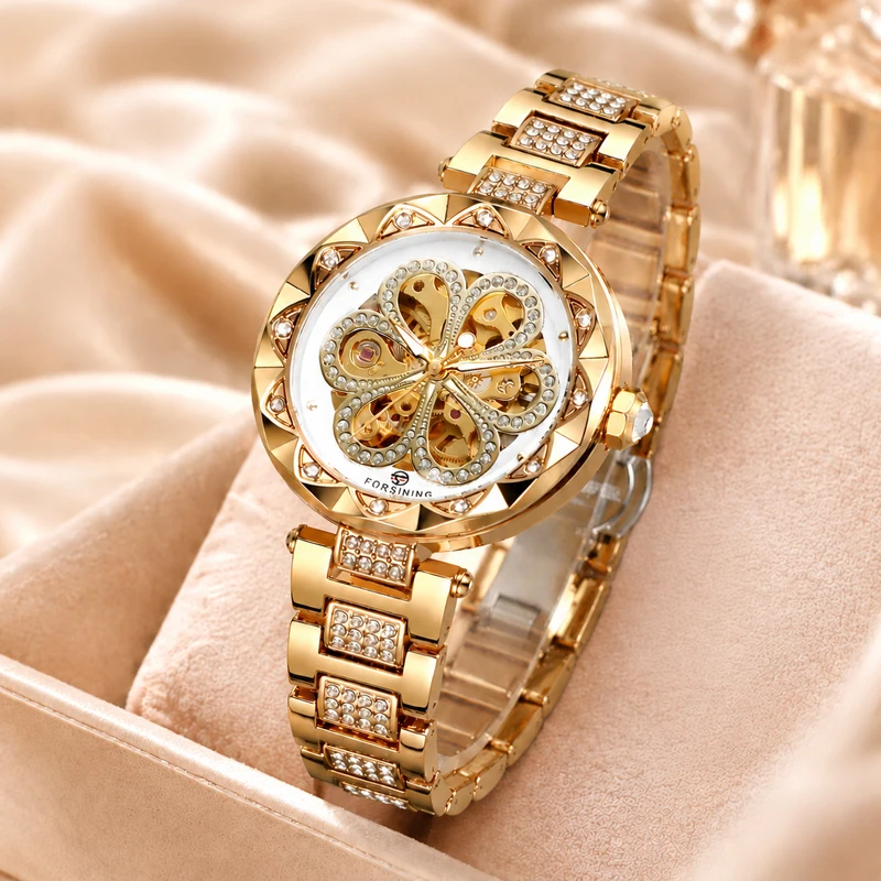 FORSINING Luxury Women's Automatic Watch Flower Skeleton Ladies Mechanical Wristwatch with Diamond Cut Bezel & Crystal Bracelet