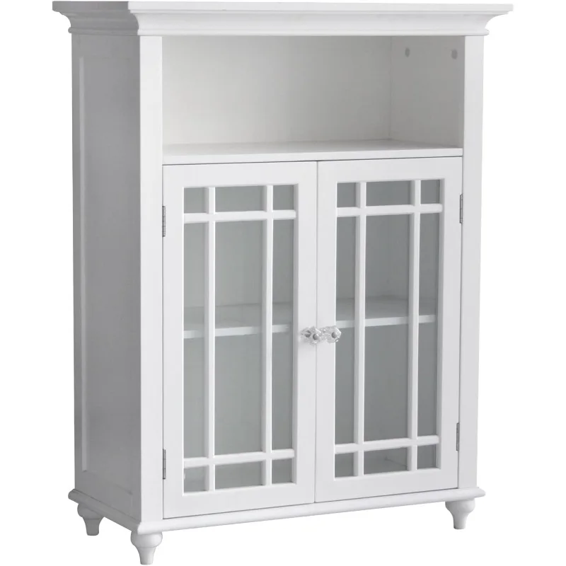 

Neal Wooden Freestanding Floor Cabinet with 1 Adjustable Shelf 3 Storage Spaces 2 Glass Doors and 2 Clear Knobs, White