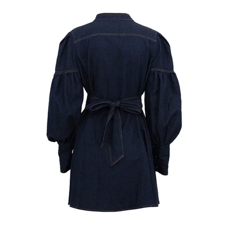Autumn Winter Y2K Chic Female Long Lantern Sleeve Single Breasted Lace Up Pleated Dress Elegant Women Corset Denim Shirt Dress