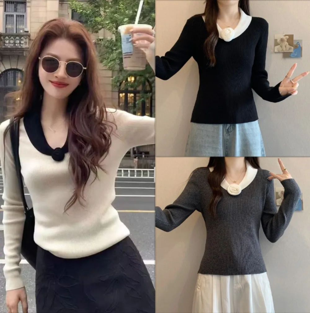 أنيقة زهرة متماسكة سترة المرأة المتناقضة اللون الخامس الرقبة ثلاثي الأبعاد سليم عارضة البلوز البلوز قاع قمم