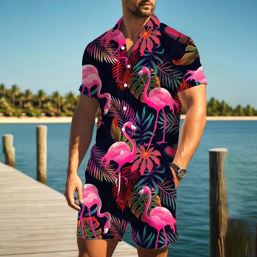 Summer Flamingo 3D Print Men Shirt Sets Short Sleeve Shirt Oversized Casual Beach Shorts Streetwear Hawaiian Suits Clothes