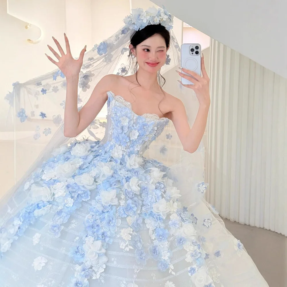 アイスブルーの花ウエディングドレスふわふわ妖精 Gilrs イブニングドレスオフショルダー 3D 花フォーマルドレス婚約ウェディングドレス