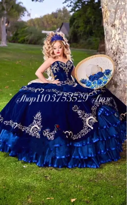 Royal Blue Princess 15 Quinceanera Dresses 2024 Luxury Mexican Charro Corset Corset Floral Embroidered Lace Poncho فساتين سهرة