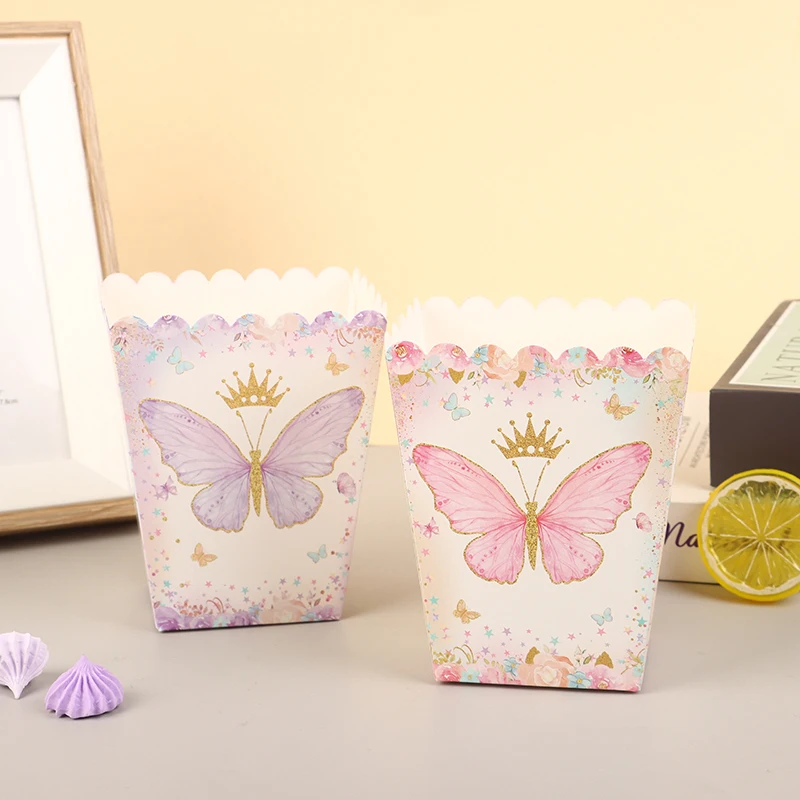 6Pcs Butterfly Theme Birthday Party Popcorn Boxes Candy Box Butterfly Pattern Decor Baby Shower Wedding Party Packaging Bag