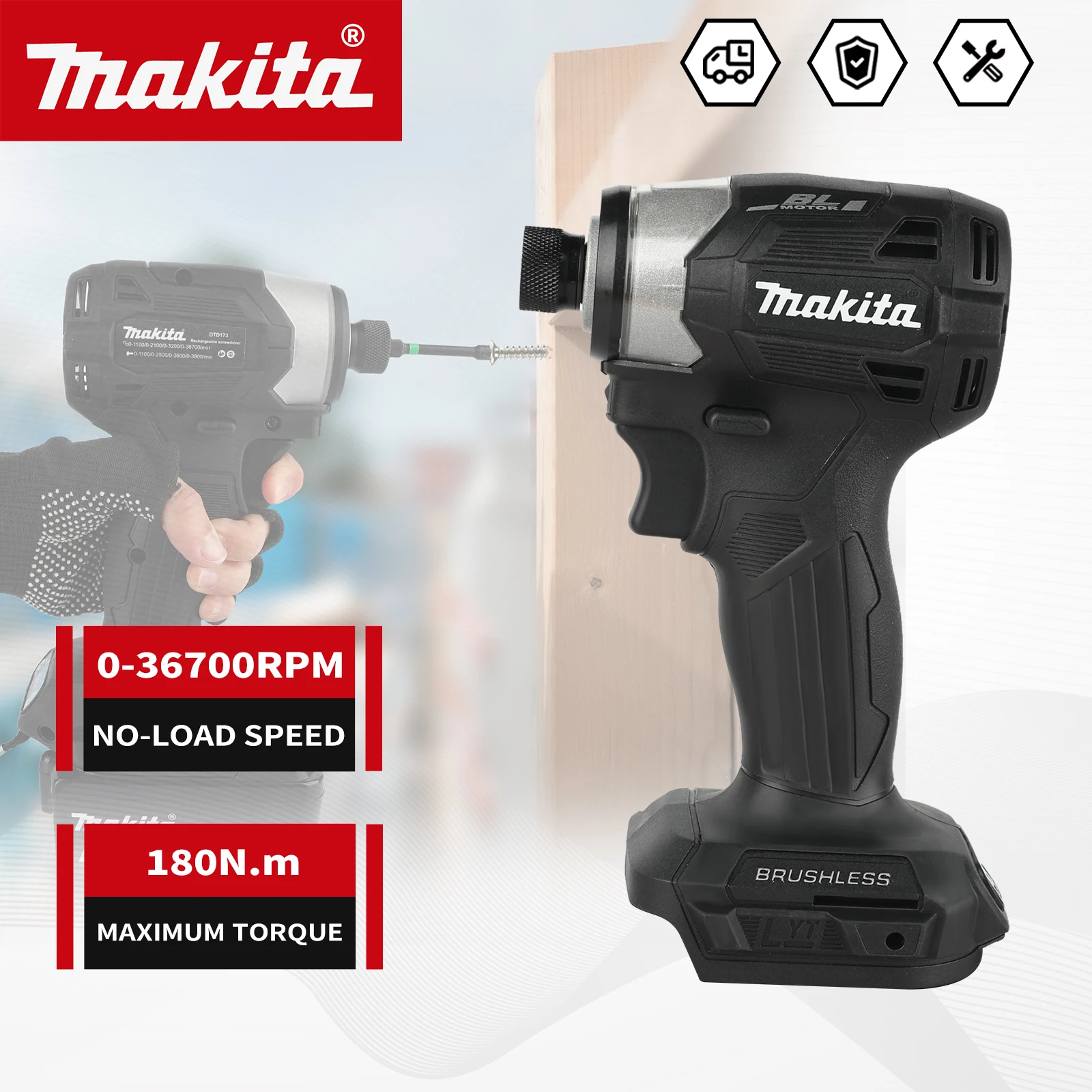 

Makita 18V DTD173 Brushless Drill Power Tool for Home Improvement And DIY 180Nm Electric Wood/Bolt/T-Mode,Black