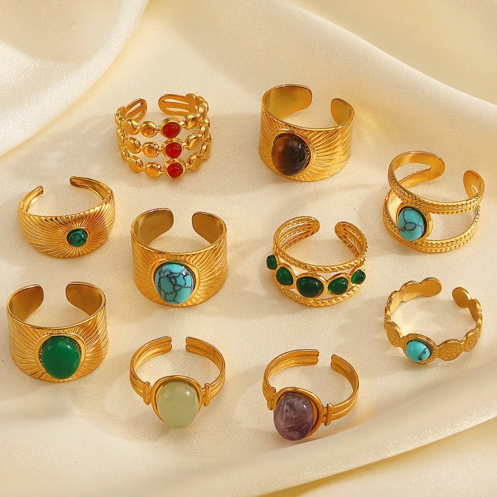 Retro Ethnic Gemstone Sunburst Textured Stainless Steel Wide Open Rings for Women Mixed Turquoise Stackable Jewelry Holiday Gift