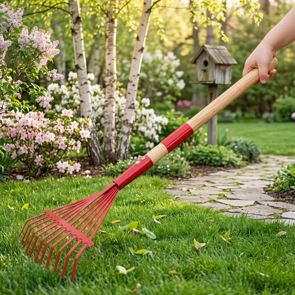 2Pcs Detachable Iron Lawn Rake Red Blue Small Size Metal Leaf Rake With Hardwood Handle For Gardening Yard Cleanup Tool