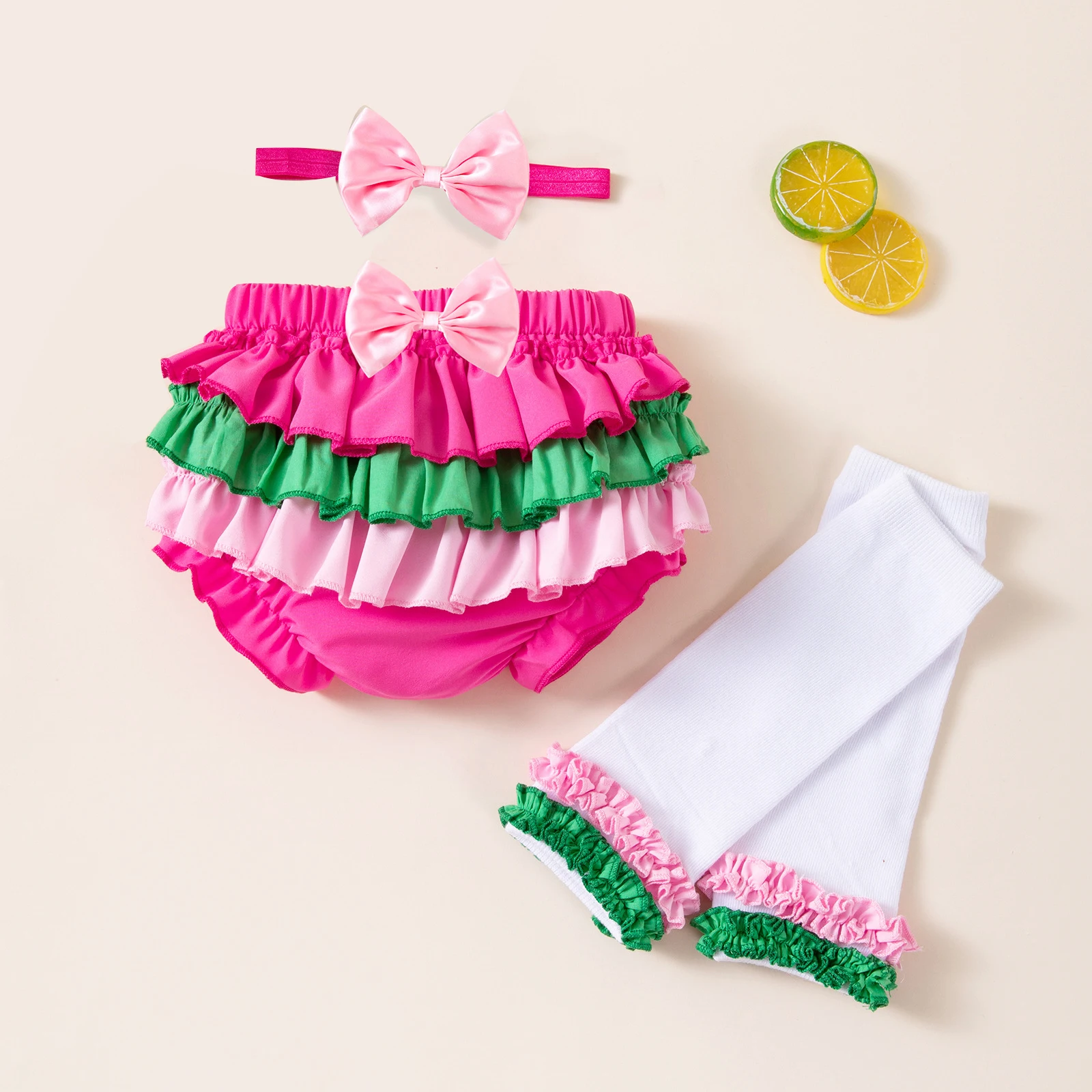

Baby Girl Bloomers Ruffle Legwarmers Bow Headband Set Cake Smash Baby Diaper Covers Bright Colors Litter Girl Summer Clothes