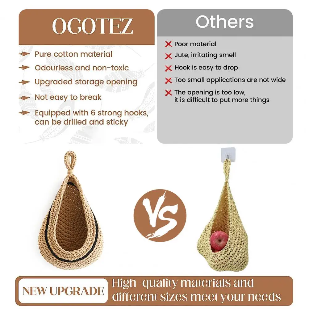 Woven Hanging Wall Basket Cotton Rope Knitted Rustic Boho Jute Waterdrop Shape Fruits Vegetable Storage Net Bag Kitchen Supplies