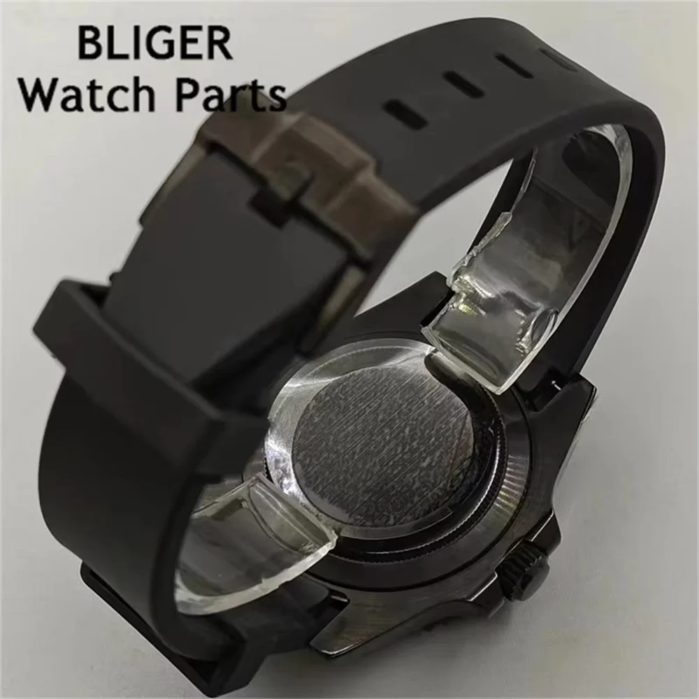 BLIGER 40mm NH35A Automatic Men Watch Black Watch Sapphire Glass Screw Crown Green Luminous Rubber Bracelet