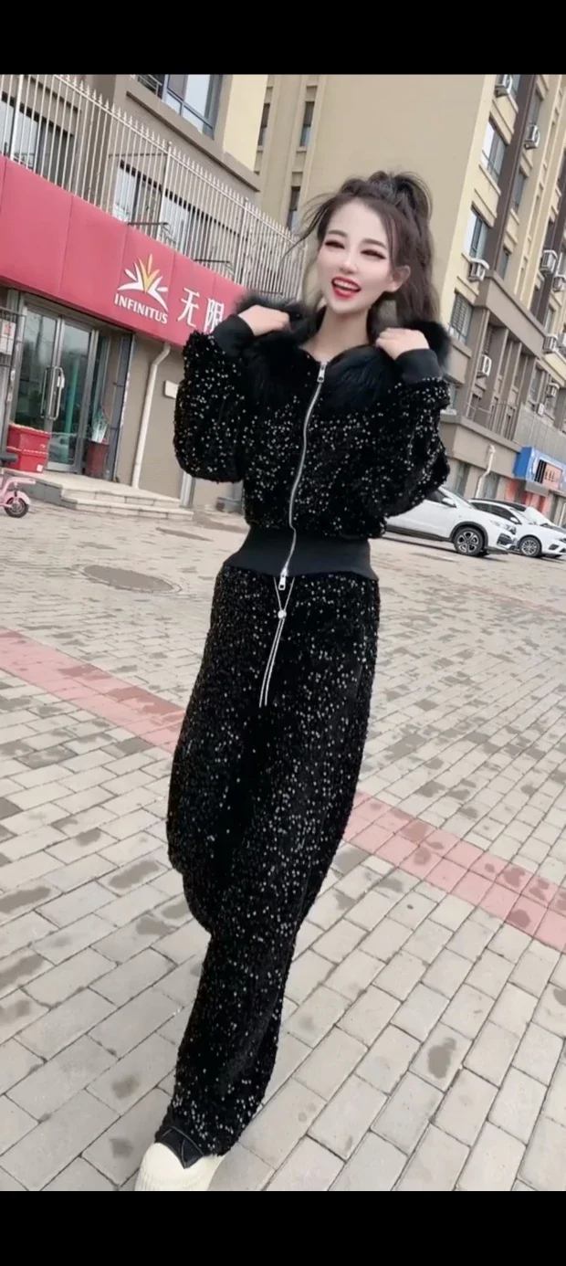 Winter New Fashion Heavy Sequins Long-Sleeved Furry Hooded Coat Women Casual Wide-Leg Pants Sweet Elegant Ladies Two-Piece Set