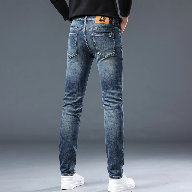 Calça jeans justa reta pequena masculina, calça longa e fina, calça casual stretch azul, produtos europeus, nova, outono, 2024