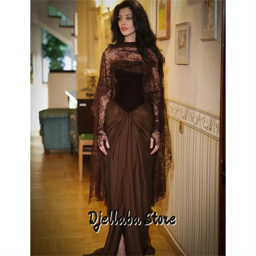 

Customized Brown Front Split Trumpet Side Split Prom Dress Pleats With Shawl Vestidos De Noche Floor-Length Formal Evening Gown