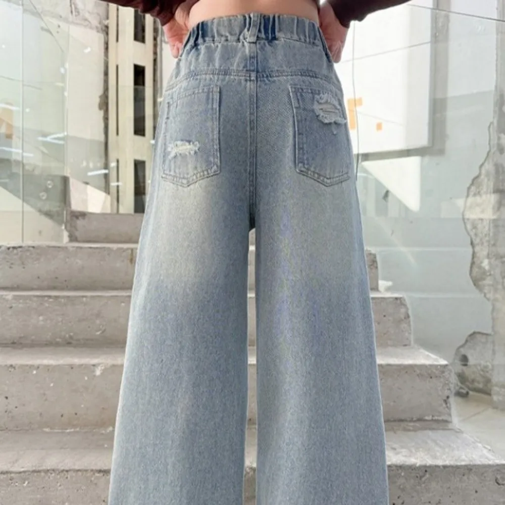 

Ripped Wide Children Jeans Loose Leg High Waist Blue Teen Girl Jeans Streetwear Straight Girls Denim Trousers Girls Gift