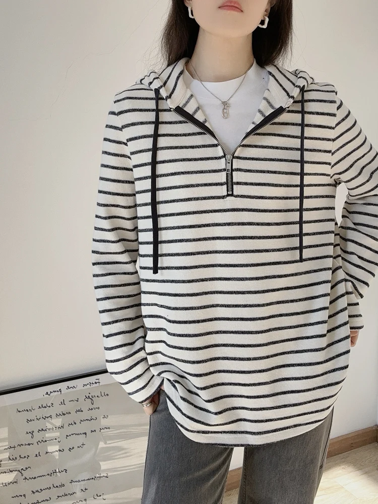 

Spring 2025 Early Season Thin Knitted Hat irt Striped Hooded Sweatirt Long Sve Cotton Polyester Blend Ladies Top