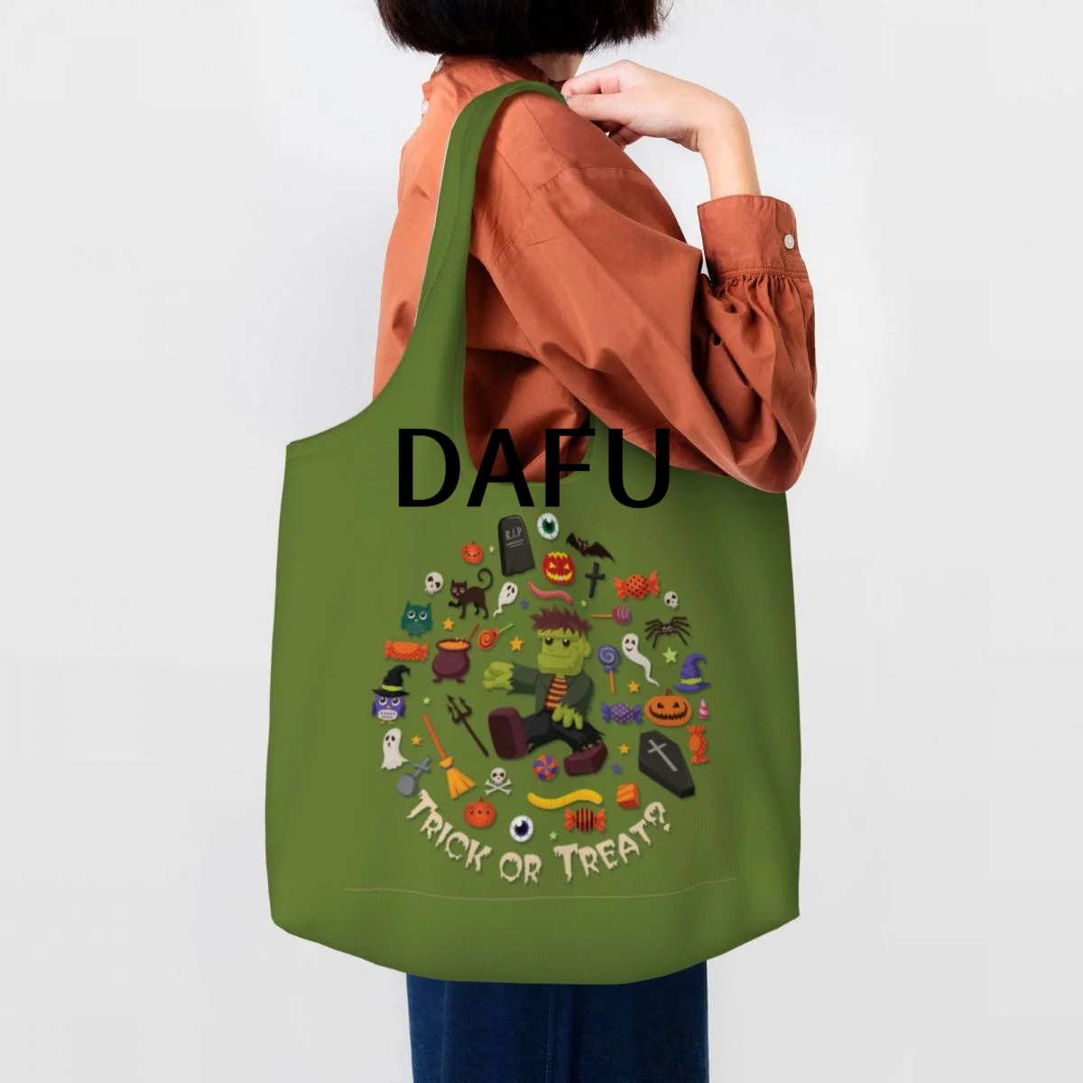 Trick or Treat Funny Halloween Print Cotton Tote Bag - Casual Commuter Shoulder Bag for Work Grocery Shopping Trick or Treat