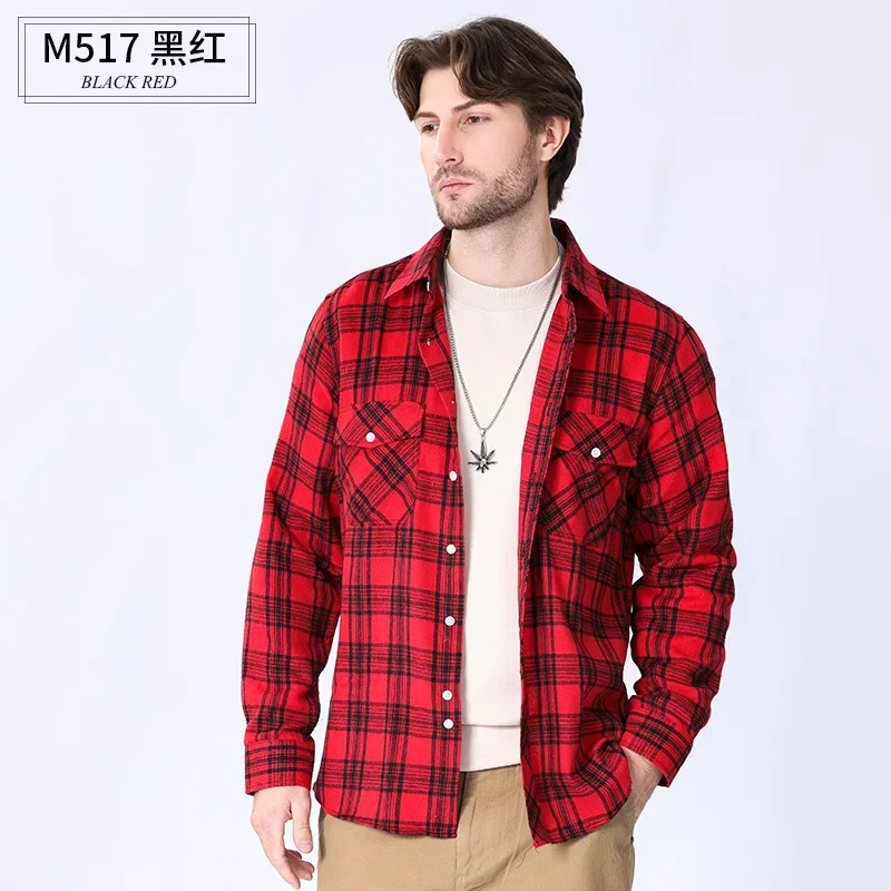 New US Size M L Men\'s Shirt Long Sleeve Spring and Autumn Pocket Flannel Plaid High Quality Wear Free Breathable Plus Size