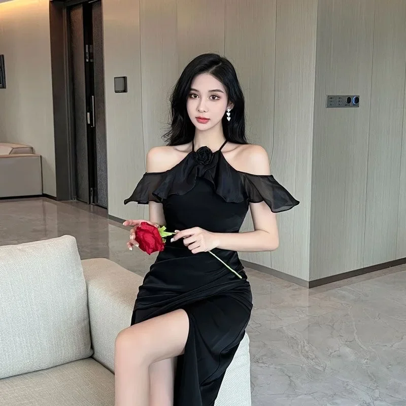 Celebrity No. 10 Temperamental Ruffled Halter Neck Dress Women Summer 2024 New Satin Fishtail High-end Slit Long Skirt