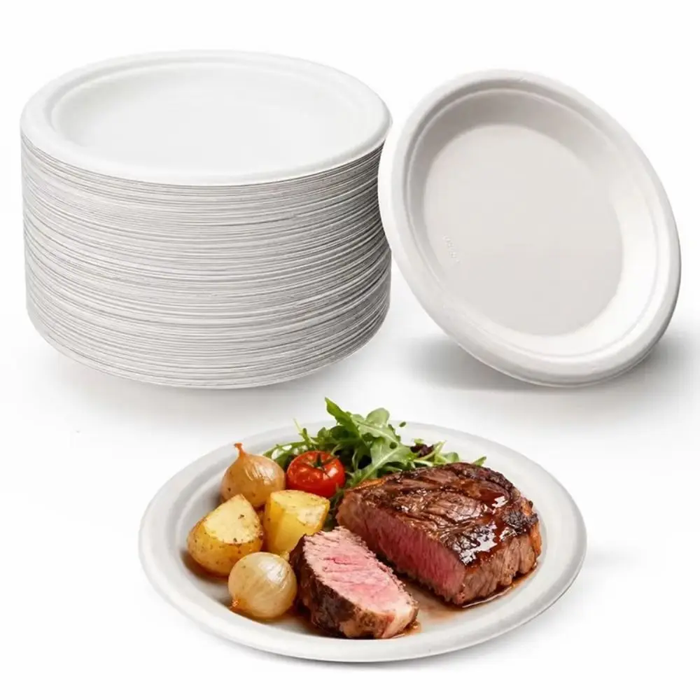 50Pcs Heat Resistant Disposable Paper Plates Round White Disposable Tableware Compostable Degradable Wedding Serving Tray
