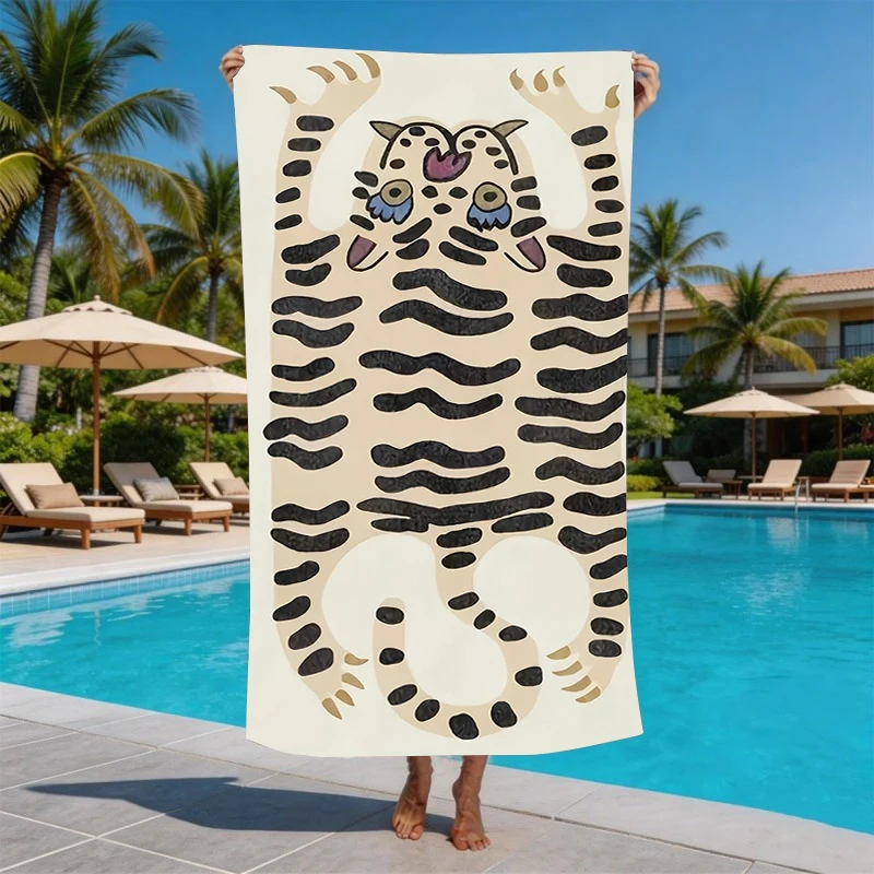 Vintage Folk Art Tibetan Tiger Microfiber Beach Towel Oversized Extra Large Aesthetic Cute Animal Pool Blanket for Men Women