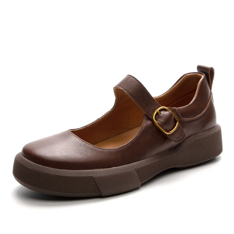 DRKANOL 2026 Shallow Loafers Women Casual Mary Janes Flat Shoes Ladies Real Cowhide Buckle Strap Single Shoes Big Size 35-43