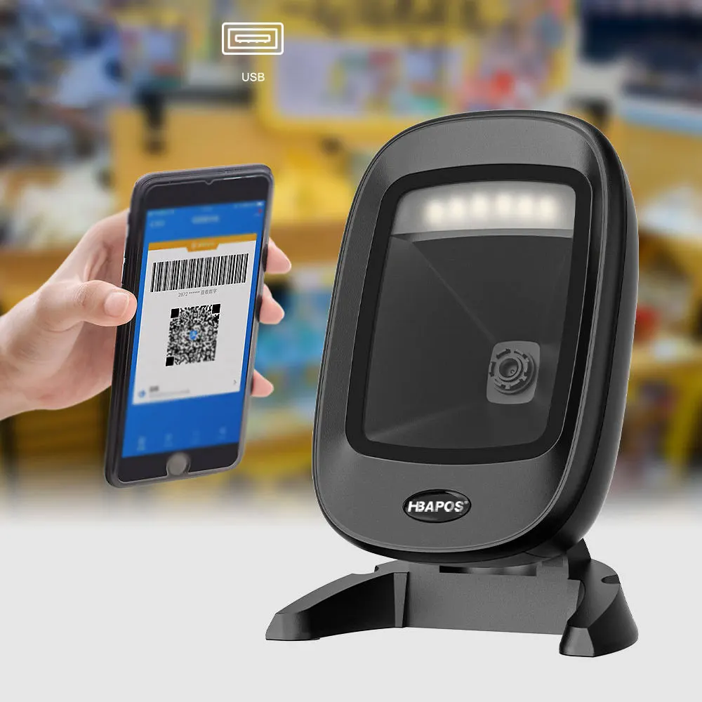 Desktop Barcode Scanner, 1D, 2D, QR Code, High Performance, Auto Sense, Data Matrix, Bar Code Reader for Store Payment, Omnidirectional