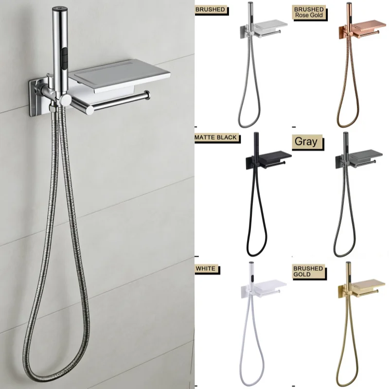 Brushed Gold Bidet 3 Functions Sprayer Concealed Button Brass Valve with Commodity Shelf Paper Holder Plastic Sprayer 1.2M Hose