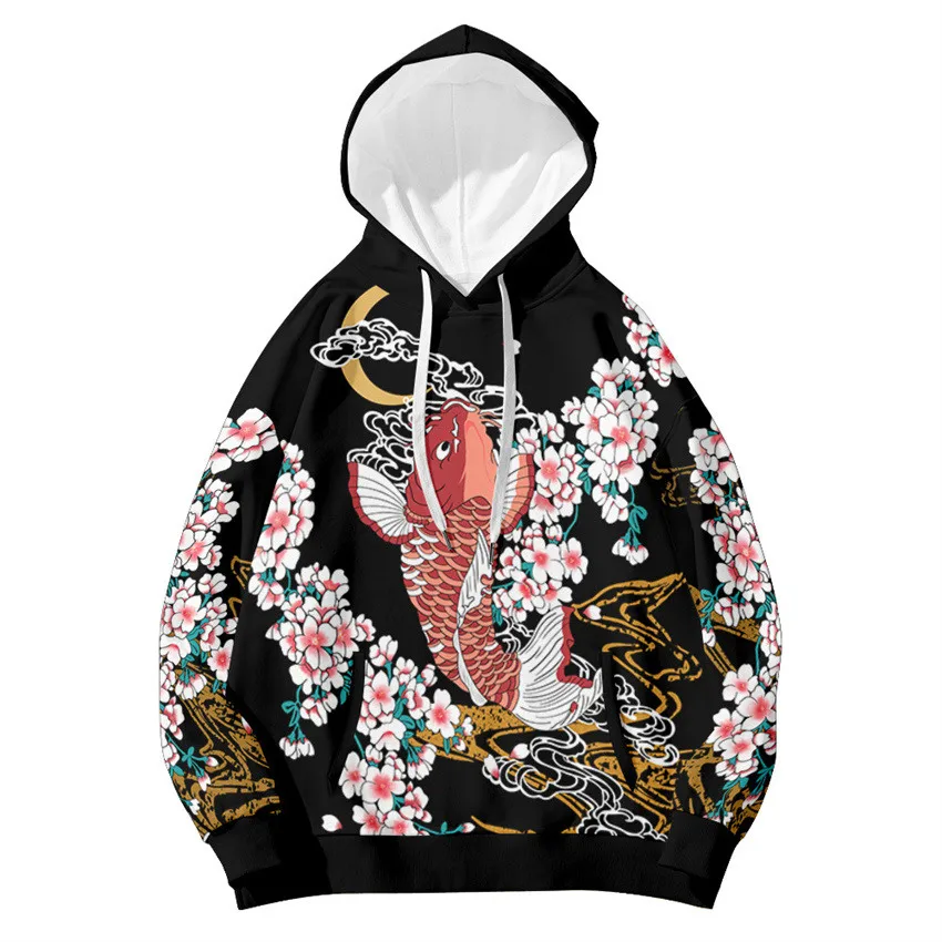 Kanagawa Wave Carp Print Hoodie Sweatshirt Autumn Winter Casual Oversized Hooded Hoodie Hip Hop Pullover Women Men Clothing