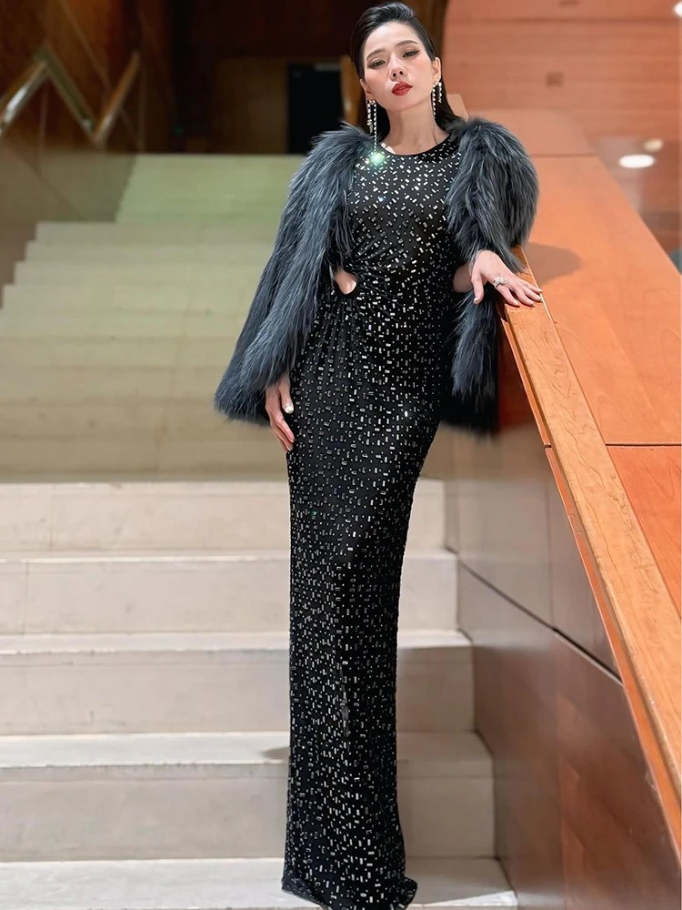 PB Glamoroso vestido largo de sirena sin mangas con lentejuelas negras y detalle recortado Galas formales Vestido de noche de fiesta para eventos especiales