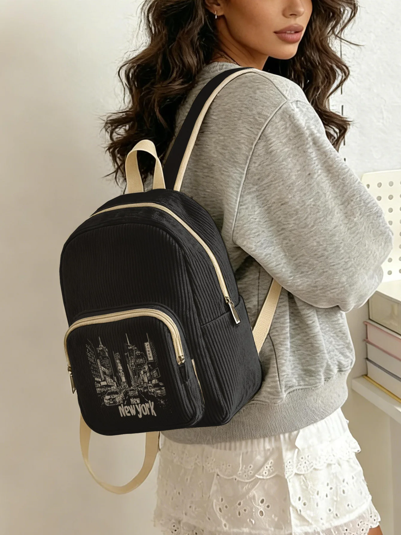 

Vintage New York City Skyline Print Women Fashion Backpack Corduroy Multi-pocket Large Capacity Commuter Bag