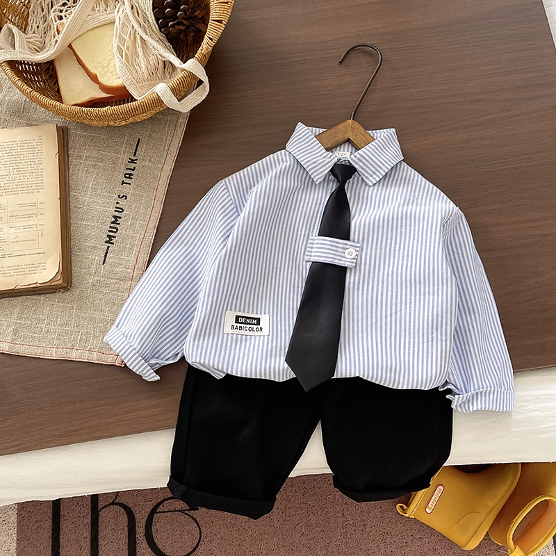 Baby-Jungen-Gentleman-Outfit-Set, Langarm-Hemd mit Streifen und künstlicher Krawatte + schwarze Hose, formelle Kleidung für Kleinkinder und Säuglinge – Detail 3