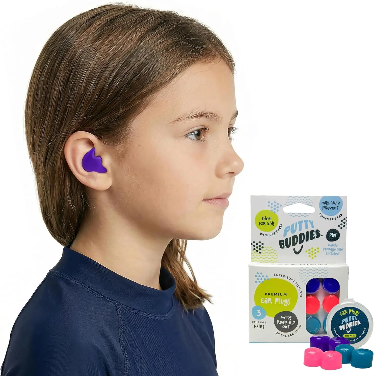 

Moldable Silicone Ear Plugs for Swimming with Secure Fit for Kids and Adults, 3 Pair Pack