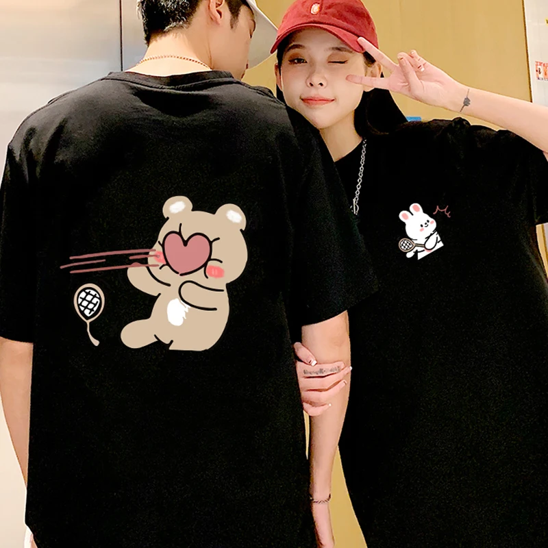 A Paired Clothes Sports Bear Printing Couple T-Shirt 240g High Quality Cotton Summer Men Women Short Sleeve Tshirt Sets