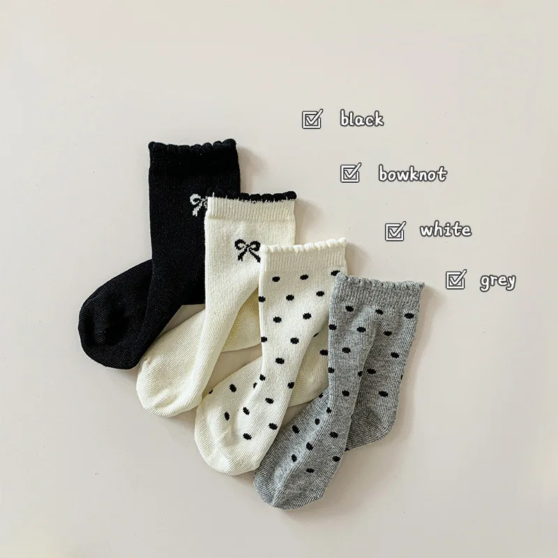 4 أزواج من جوارب الأطفال للفصول الأربعة جوارب قطنية للفتيات نمط لطيف على شكل فيونكة للأطفال جورب الأميرة باللون الأسود والأبيض على الطراز الكوري للأطفال #3