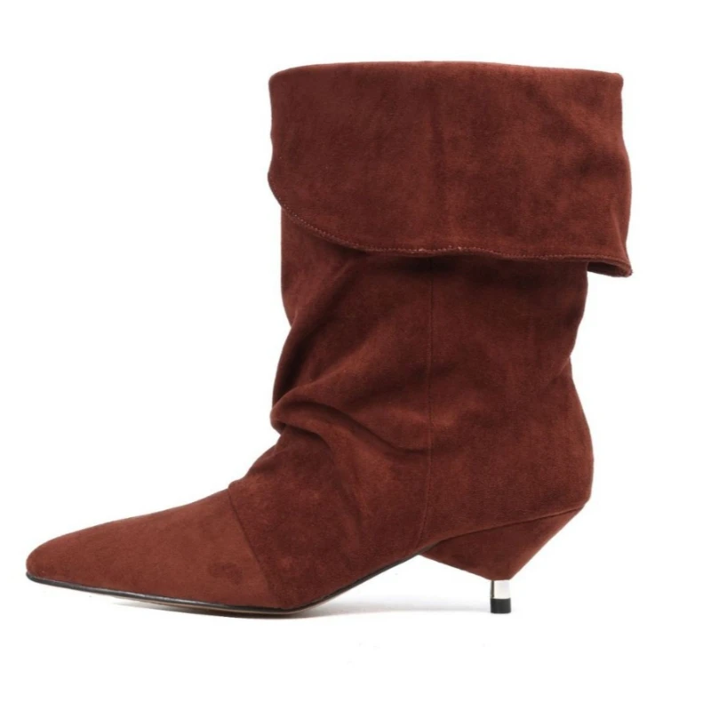 

Замшевые плиссированные дизайнерские ботинки, женские короткие сапоги с острым носком на каблуке «котенок», женские зимние женские высокие сапоги из нубука в стиле ретро, Botas Mujer