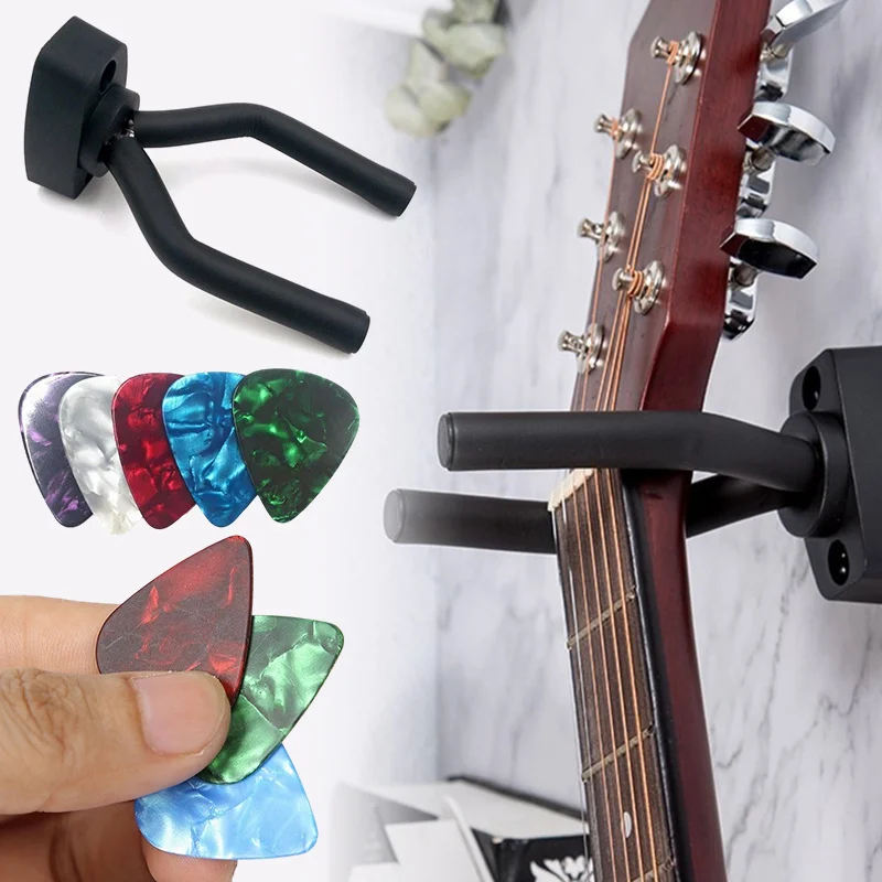 7PCS Guitar Display Rack with Picks Set Storage Playing Kit Black Wall Mount Hooks Random Color Celluloid Plectrums Musical ZYF