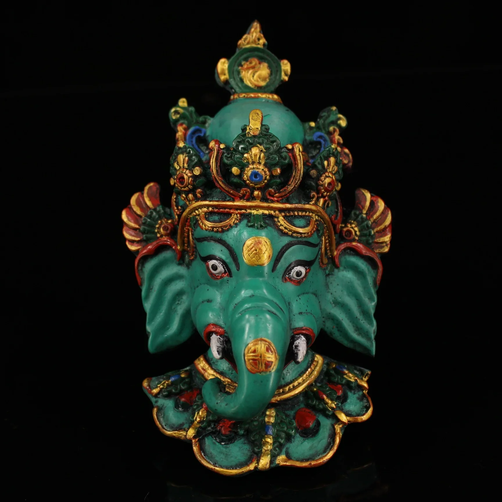 

7"Tibetan Temple Collection Old Lacquerware Painted Outline in gold GANESH Buddha Head Mask Elephant Trunk God of Wealth