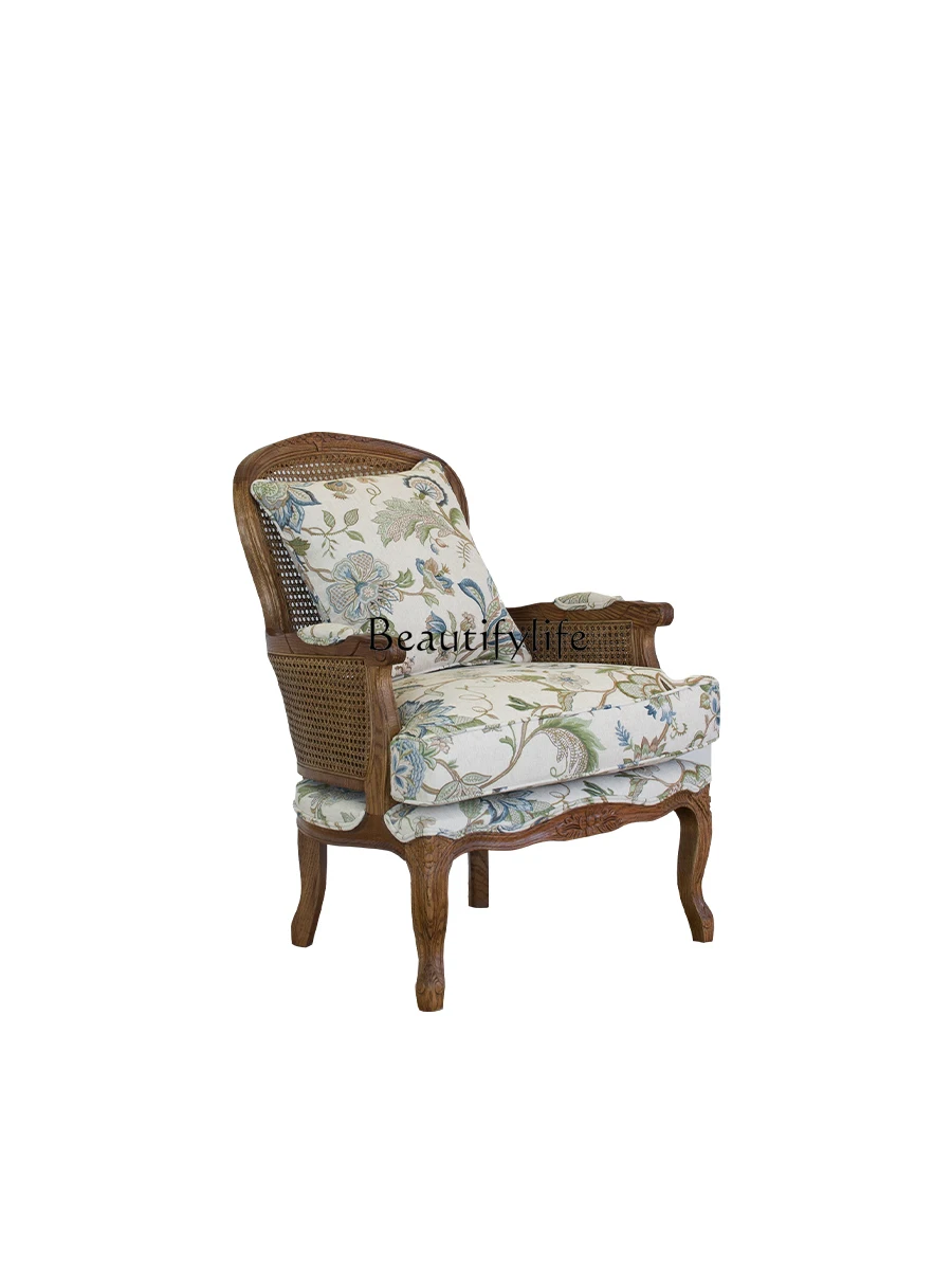 

Solid Wood Jacquard Cailco Single-Seat Sofa Chair Vintage Rattan Armrest Balcony Dragon Chair