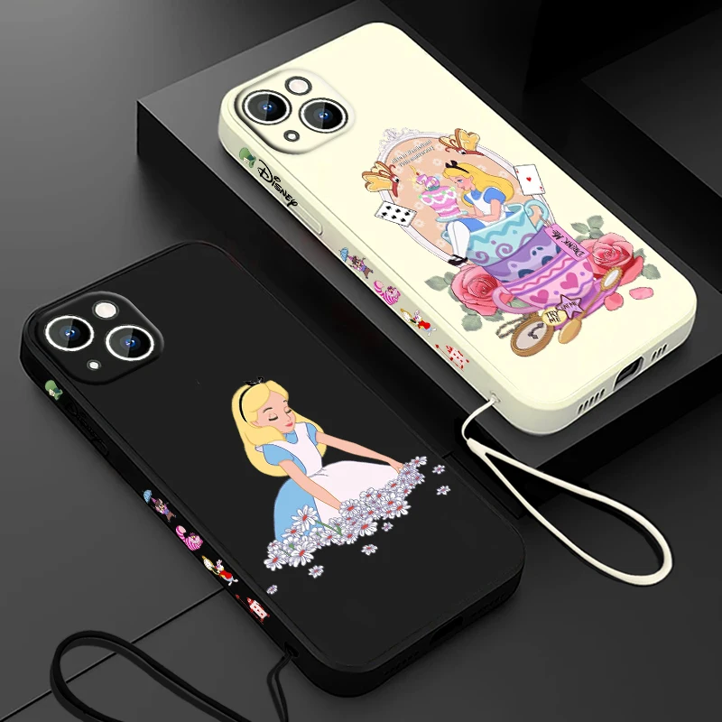 Alice Adventures In Wonderland Phone Case For Apple iPhone 15 14 13 12 11 Pro Max Plus 8 7 SE Liquid Left Rope Capa Cover