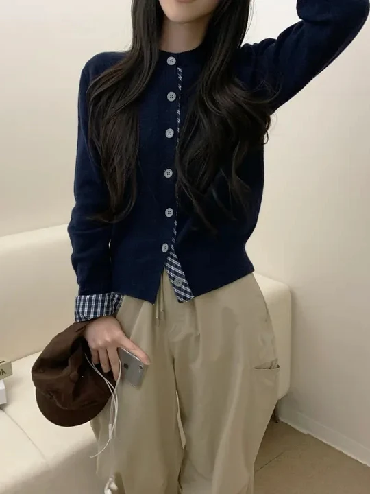 Kardigan damski w kratę lub dzianinowy sweter w stylu koreańskim, luźny krój, jesienno-zimowy, imitacja dwuczęściowego kompletu.