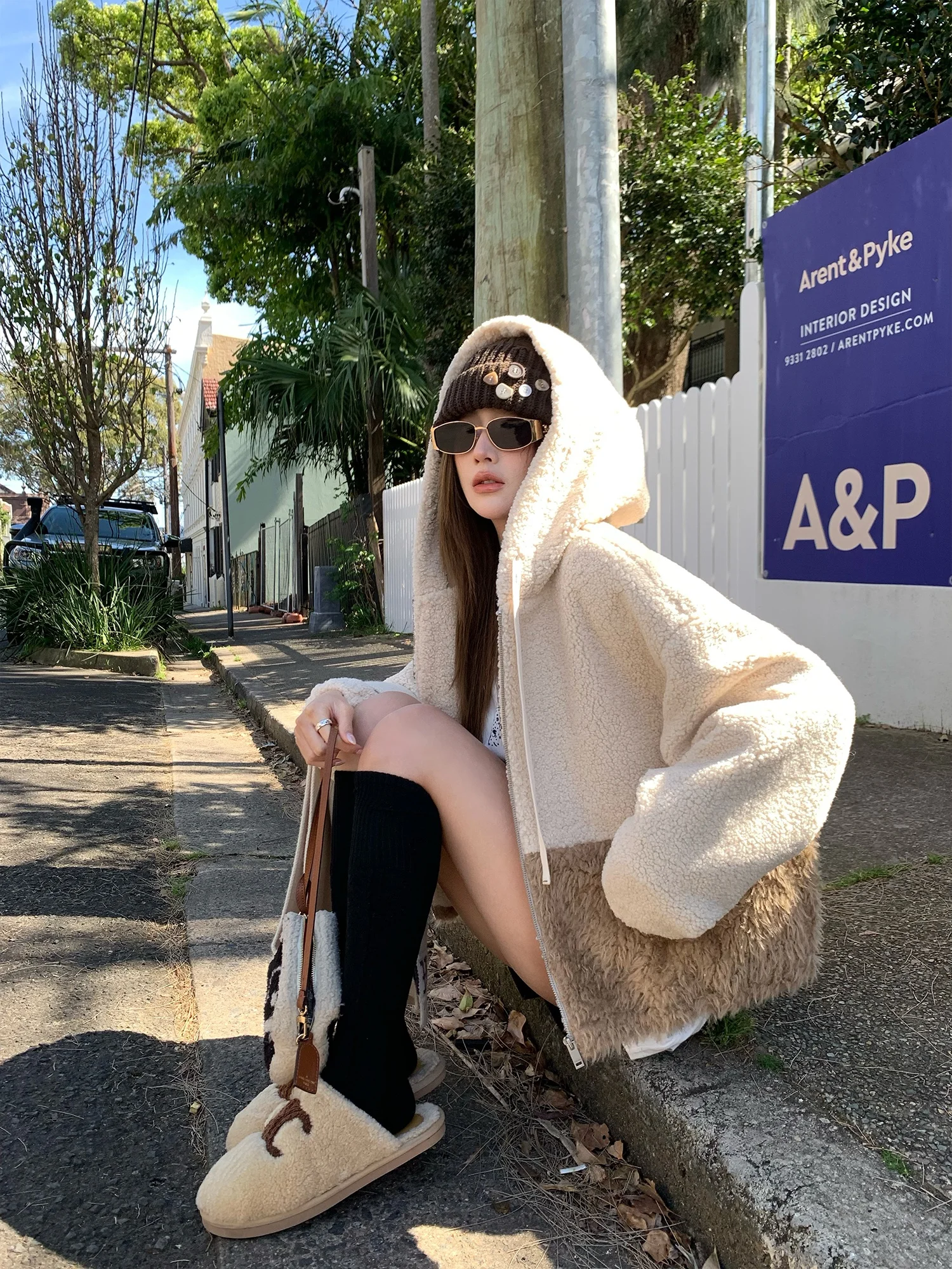 

i Color Hooded Lamb Fur Jaet Women's Patchwork Environmental Protection Coat Warm Commuter Sle Long Sve Polyester F...