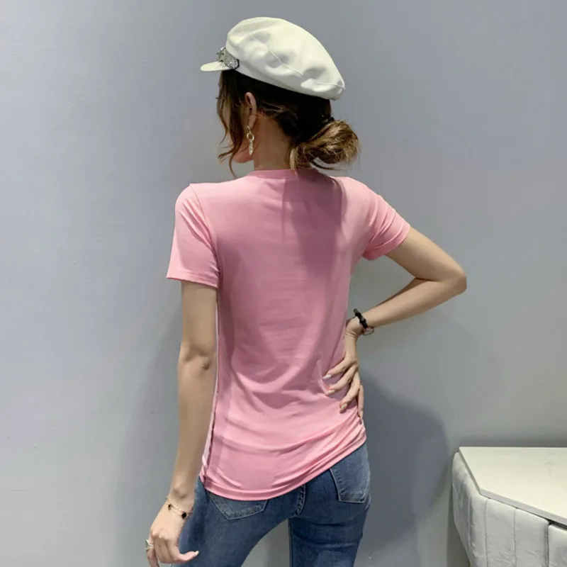 #7102 Blue White Pink Cotton Casual T Shirt With Sequins Slim Streetwear Short Sleeve T-shirt Women Summer T Shirt For Girl