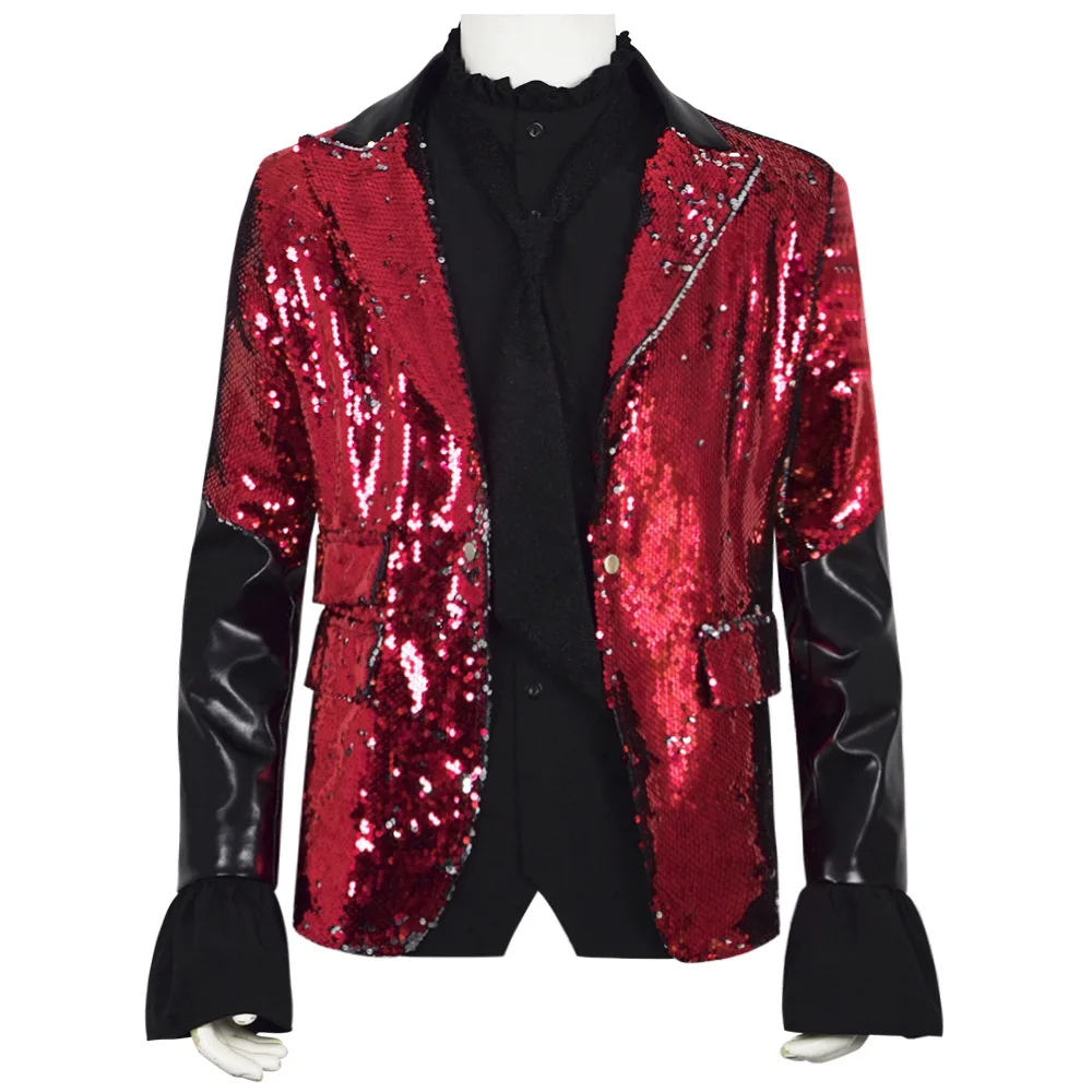 3pcs Adult Ghost Concert Red Blue Coat Men Shiny Sequin Jacket Shirt Tie Suit Halloween Carnival Party Stage Show Costumes