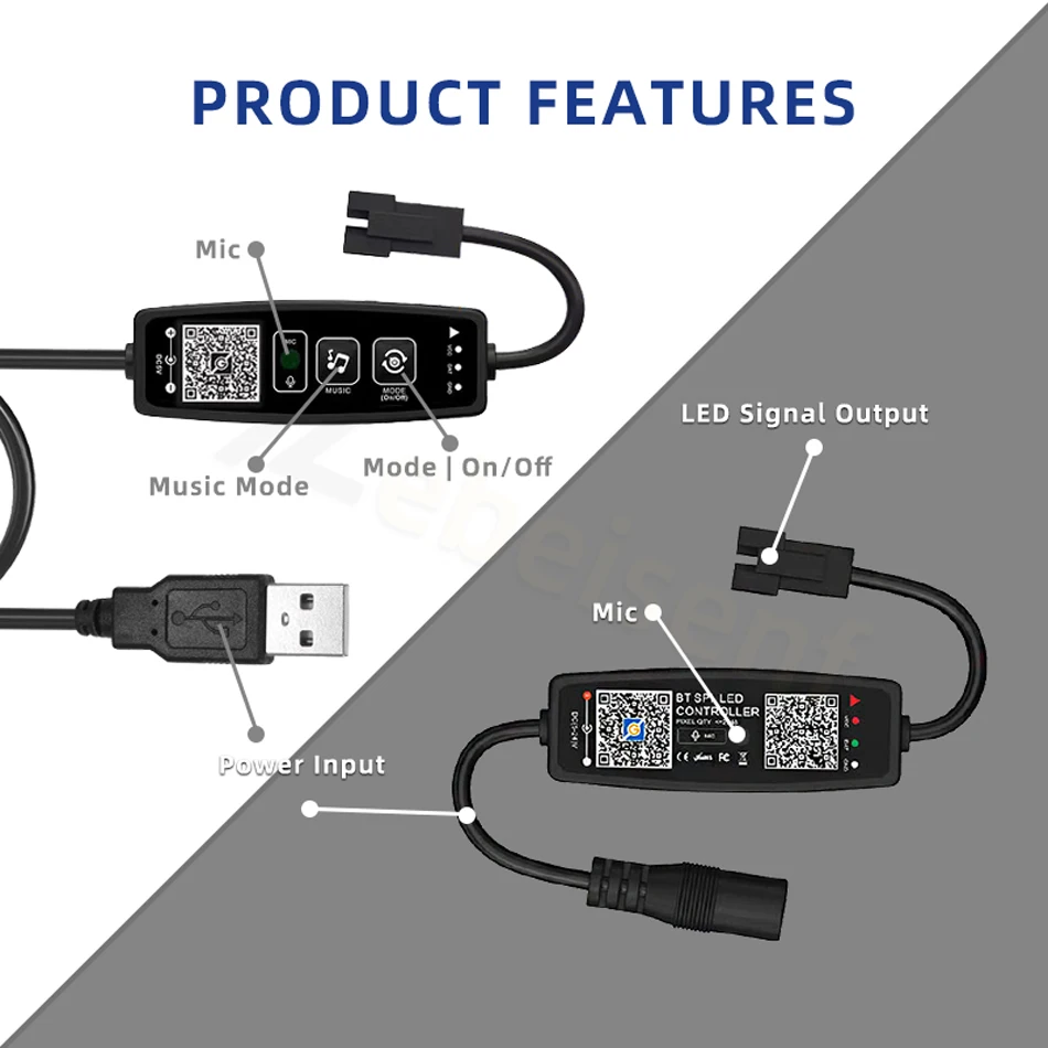 Controlador de música LED SPI, atenuador de aplicación inteligente de 2048 píxeles, control remoto RF, CC/USB, Bluetooth, 5V, 12V, 24V, para WS2812,