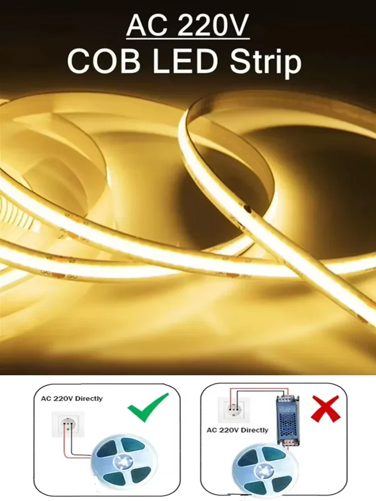 Bande lumineuse LED COB 1-5m, 220V, Flexible, IC intelligent, pas besoin de pilote, haute luminosité, 240 LED, éclairage linéaire RA95, blanc chaud