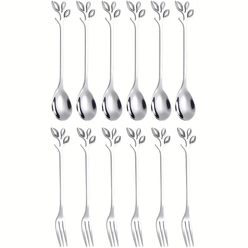 12pcs stainless steel mini leaf coffee spoons, machine washable, suitable for coffee shop, dessert shop